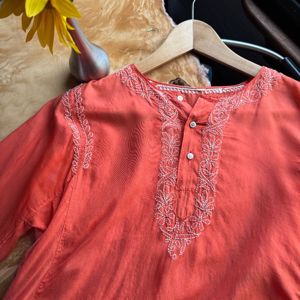Vintage Silk Blouse – Bright Orange with Floral & Heart Embroidery | Long Sleeve